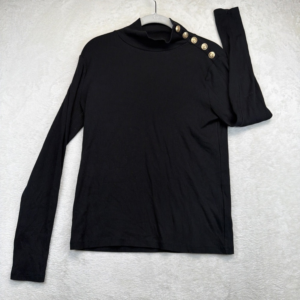 J.Crew Women's Ribbed Mock Neck Top M Black Gold Button Shoulder Long Sleeve